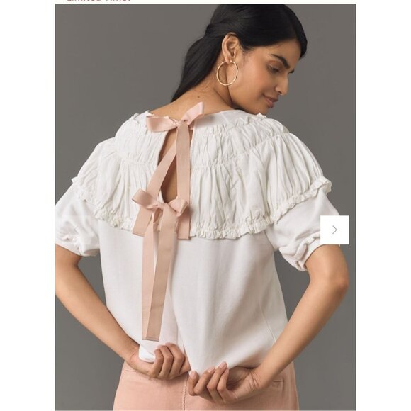 Anthropologie Tops - Anthropologie Womens Top XXS NWT Bow Ruffle Peasant Cottagecore Coquette Dainty